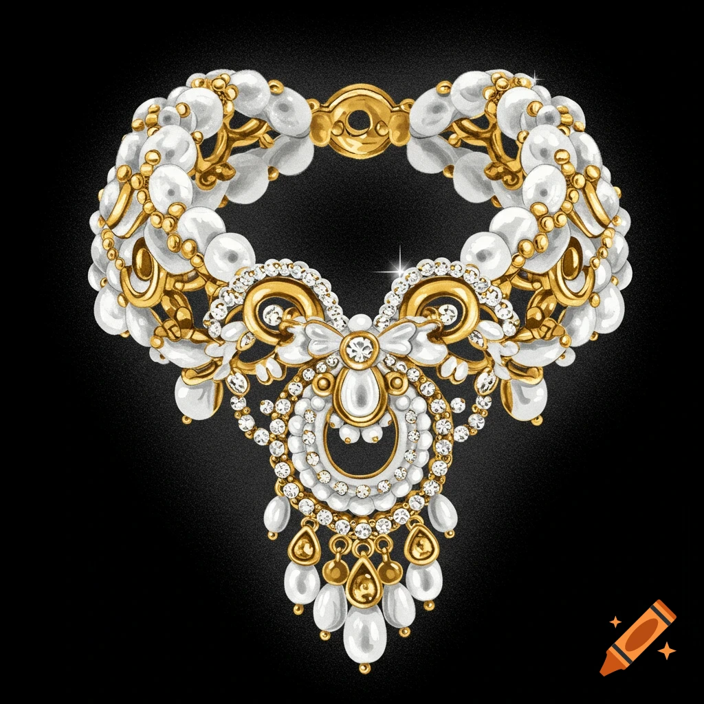 An elegant, intricate necklace featuring white pearls, gold accents, and shimmering diamonds on a dark background.