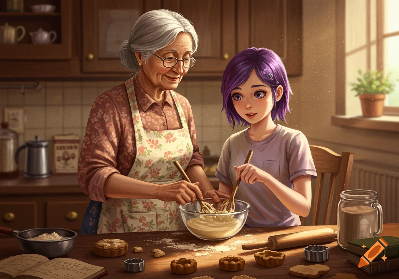 An elderly woman with gray hair and a floral apron smiles while teaching a young girl with purple hair to whisk batter in a kitchen. Baked goods and flour are on the table.