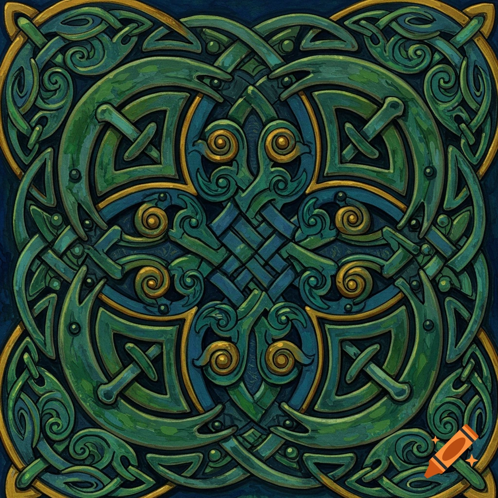 Intricate square Celtic knot pattern in shades of green, blue, and gold with a painted texture.