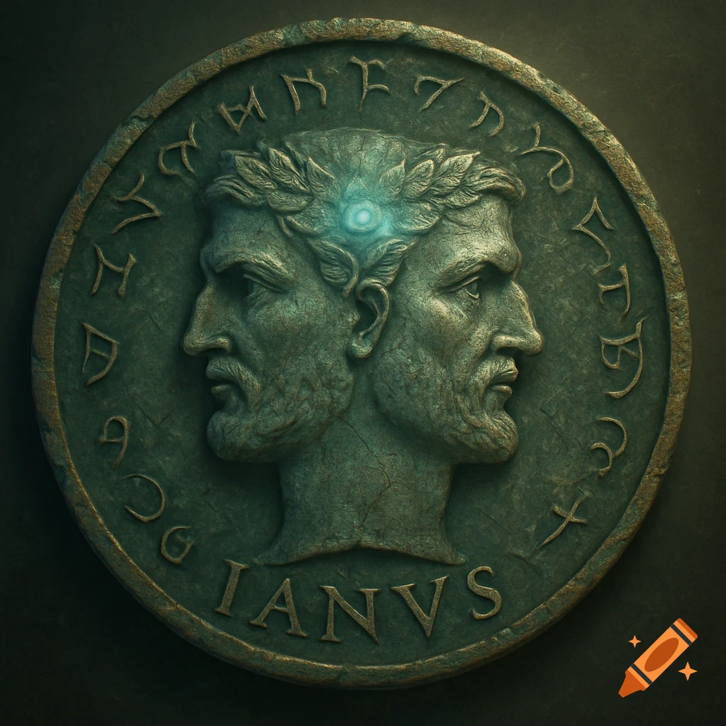 An ancient Roman-style coin with two bearded faces back-to-back, a glowing third eye, and weathered text, against a dark background.