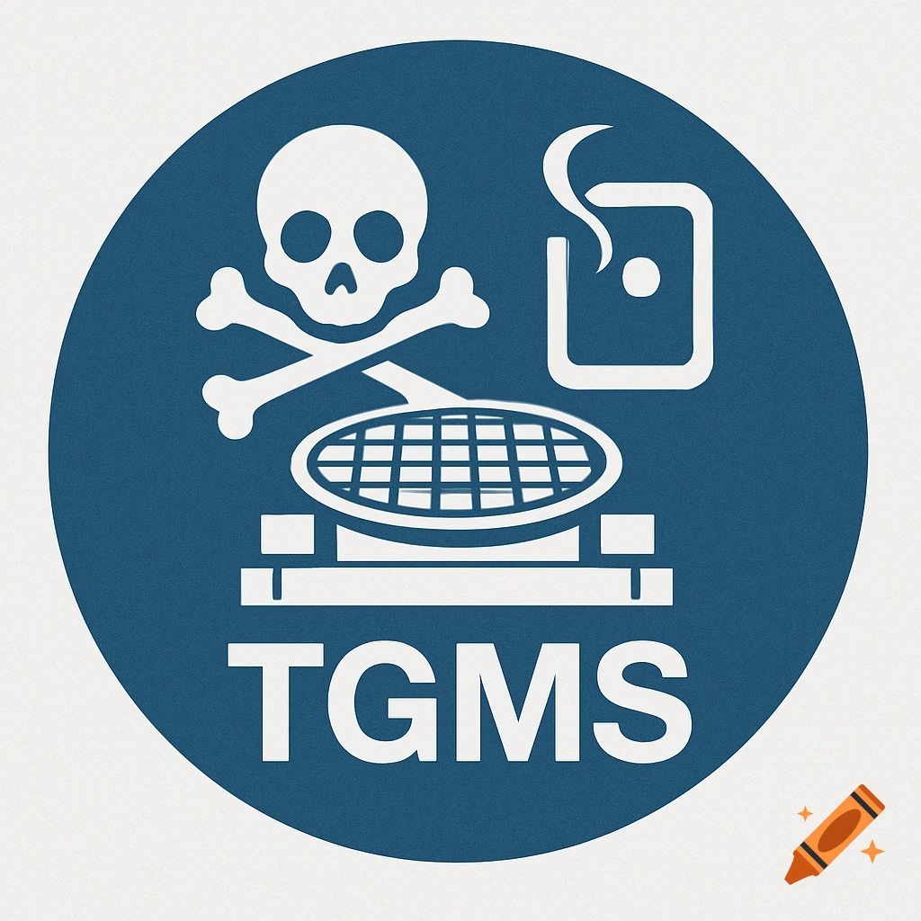A circular blue and white logo with a skull and crossbones, a steaming beaker, a grid pattern, and the letters TGMS.