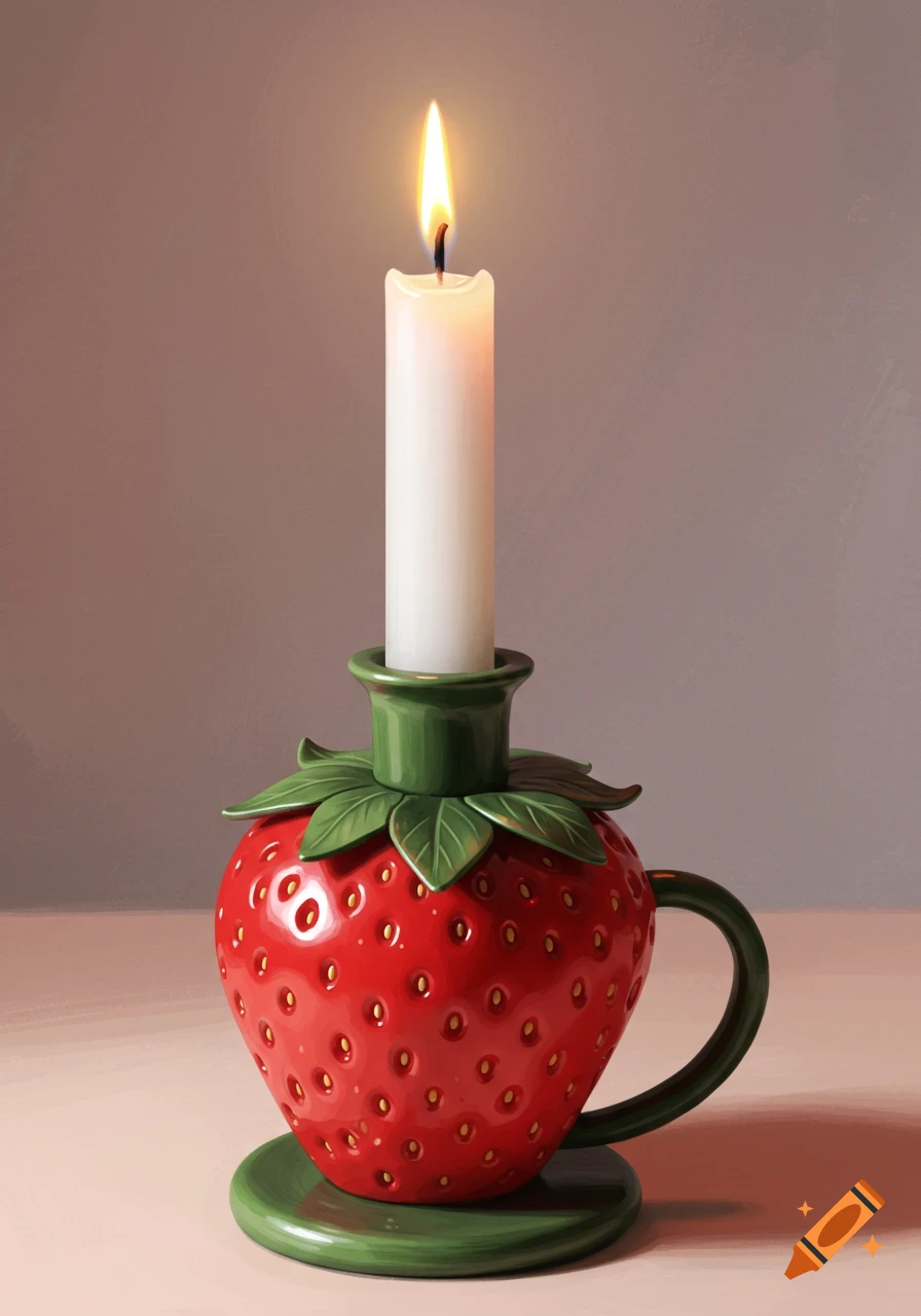 A photorealistic image of a white candle burning in a red strawberry-shaped polymer clay candlestick holder on a light pink surface.