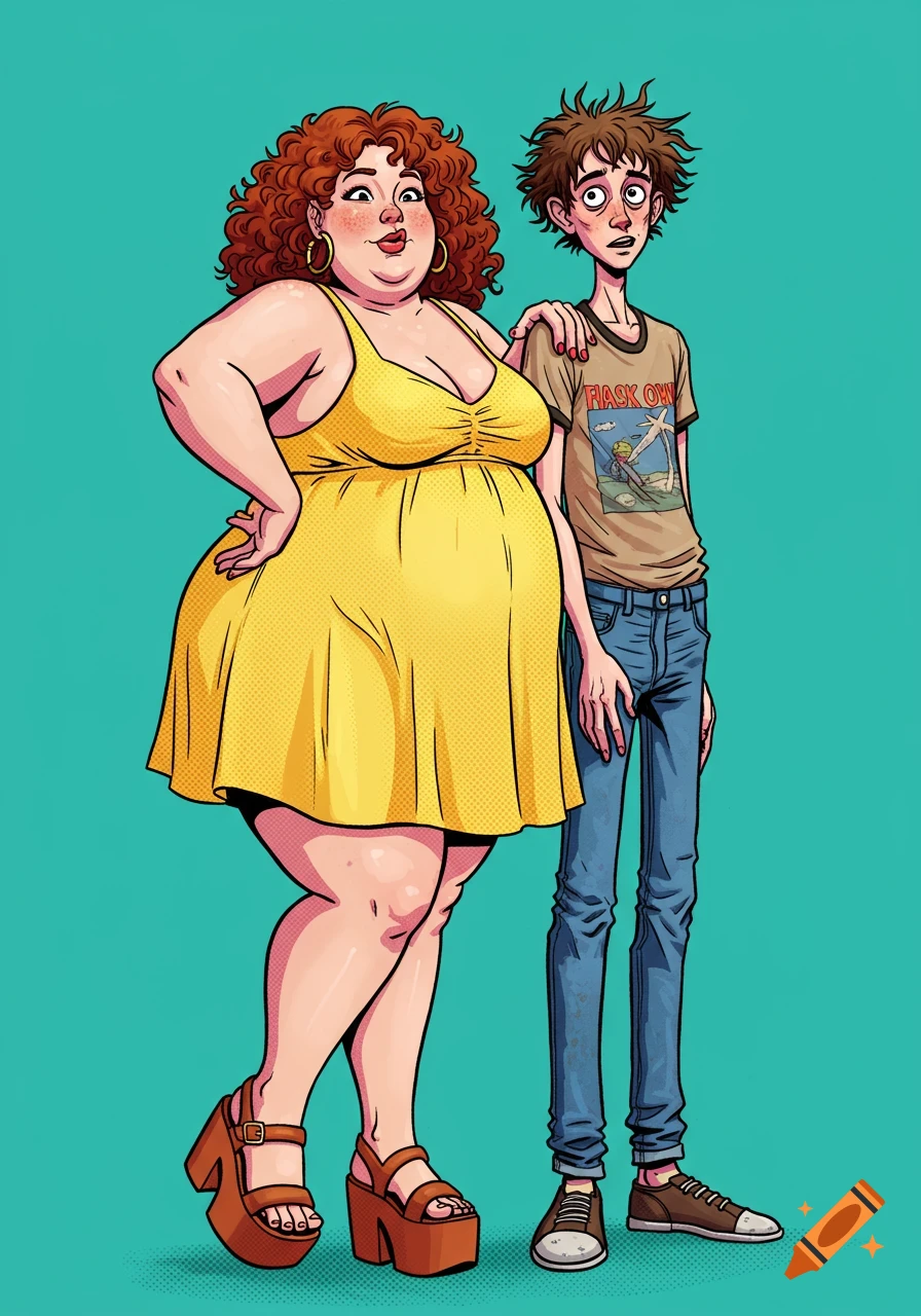 A cartoon illustration of a large woman in a yellow dress and a skinny man in jeans and a t-shirt standing together.