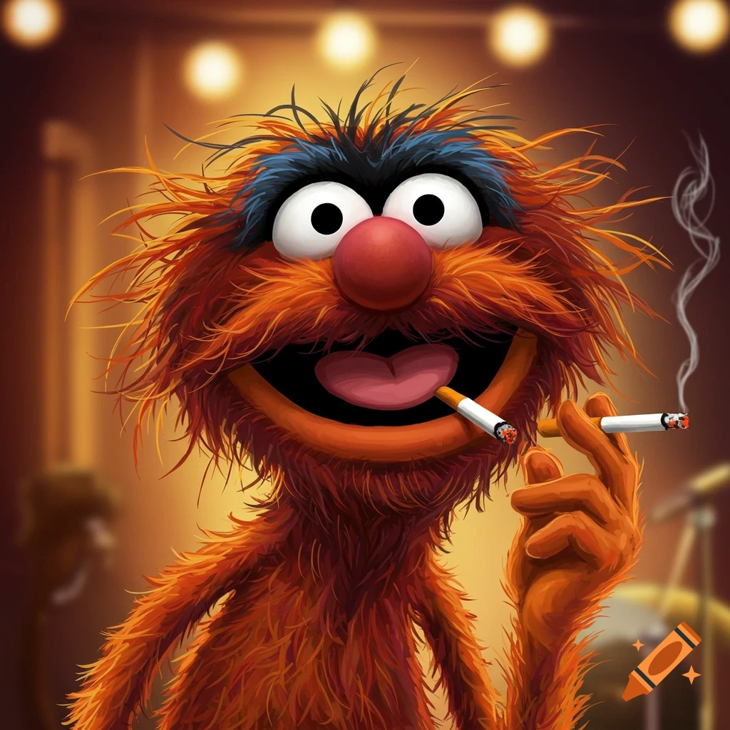 Colorful cartoon illustration of Animal from The Muppets, grinning widely and holding two lit cigarettes.