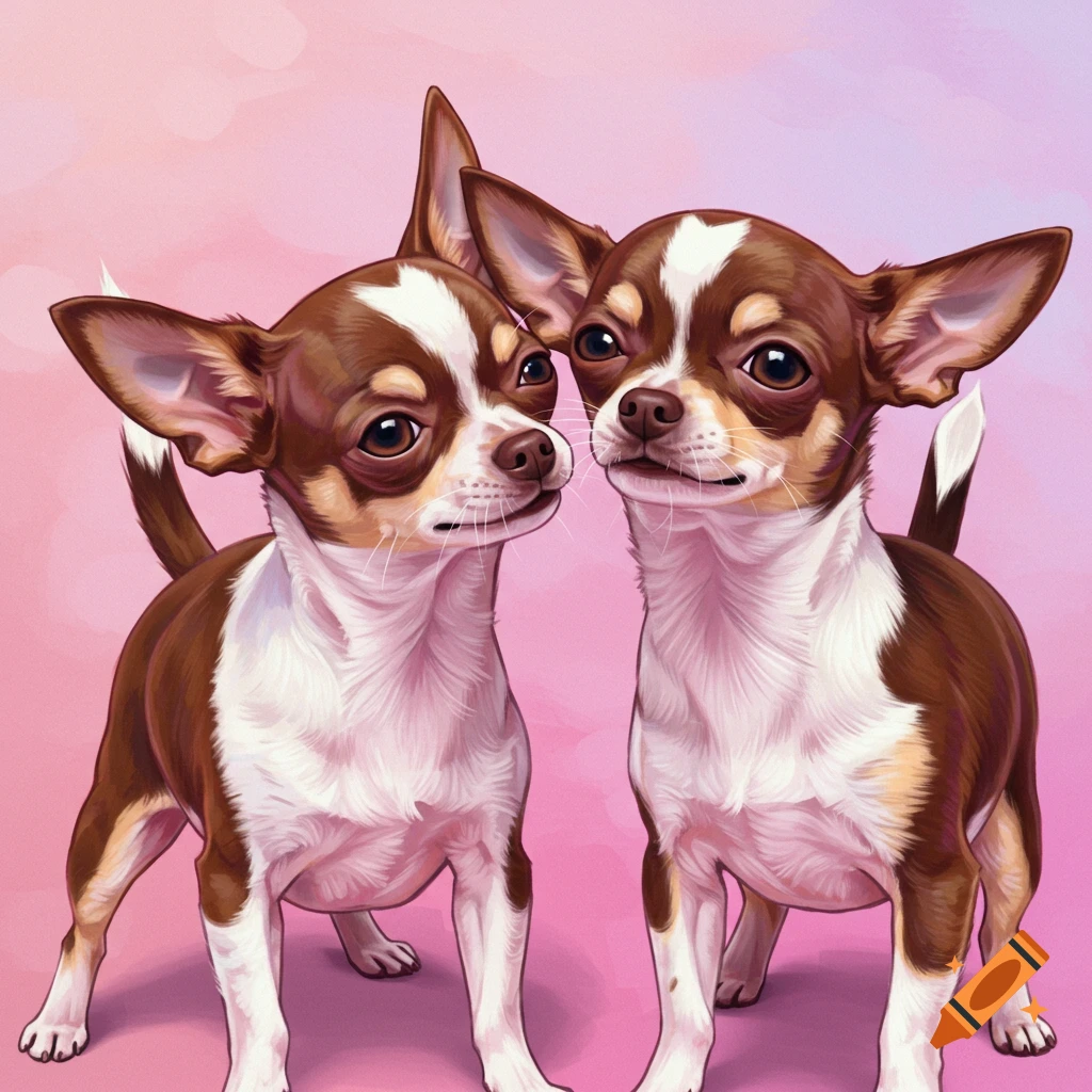 Two brown and white chihuahua puppies with large ears stand against a pink background in an illustrative style.