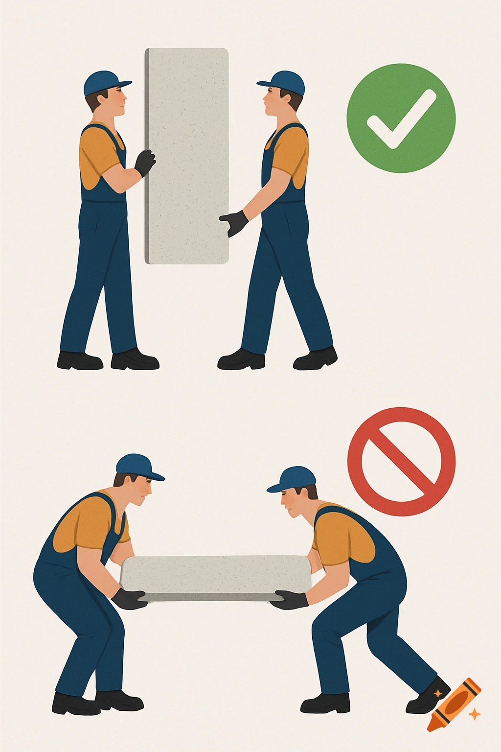 Infographic illustrating correct and incorrect ways for two workers to lift a large slab.