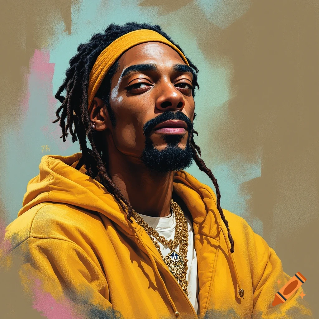 Painterly portrait of a man resembling Snoop Dogg with dreadlocks, a yellow headband, yellow hoodie, and gold chains, looking intently forward.