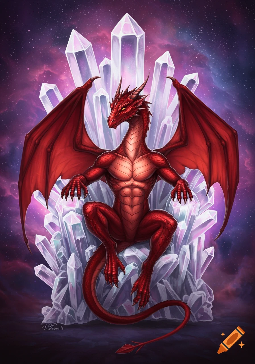 A majestic red dragon with large wings sits on a throne made of glowing quartz crystals under a starry purple sky.