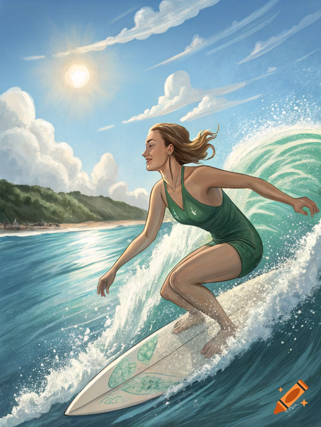 A woman in a green swimsuit surfs a large wave on a white surfboard, under a sunny sky, with a beach and green hills in the background.