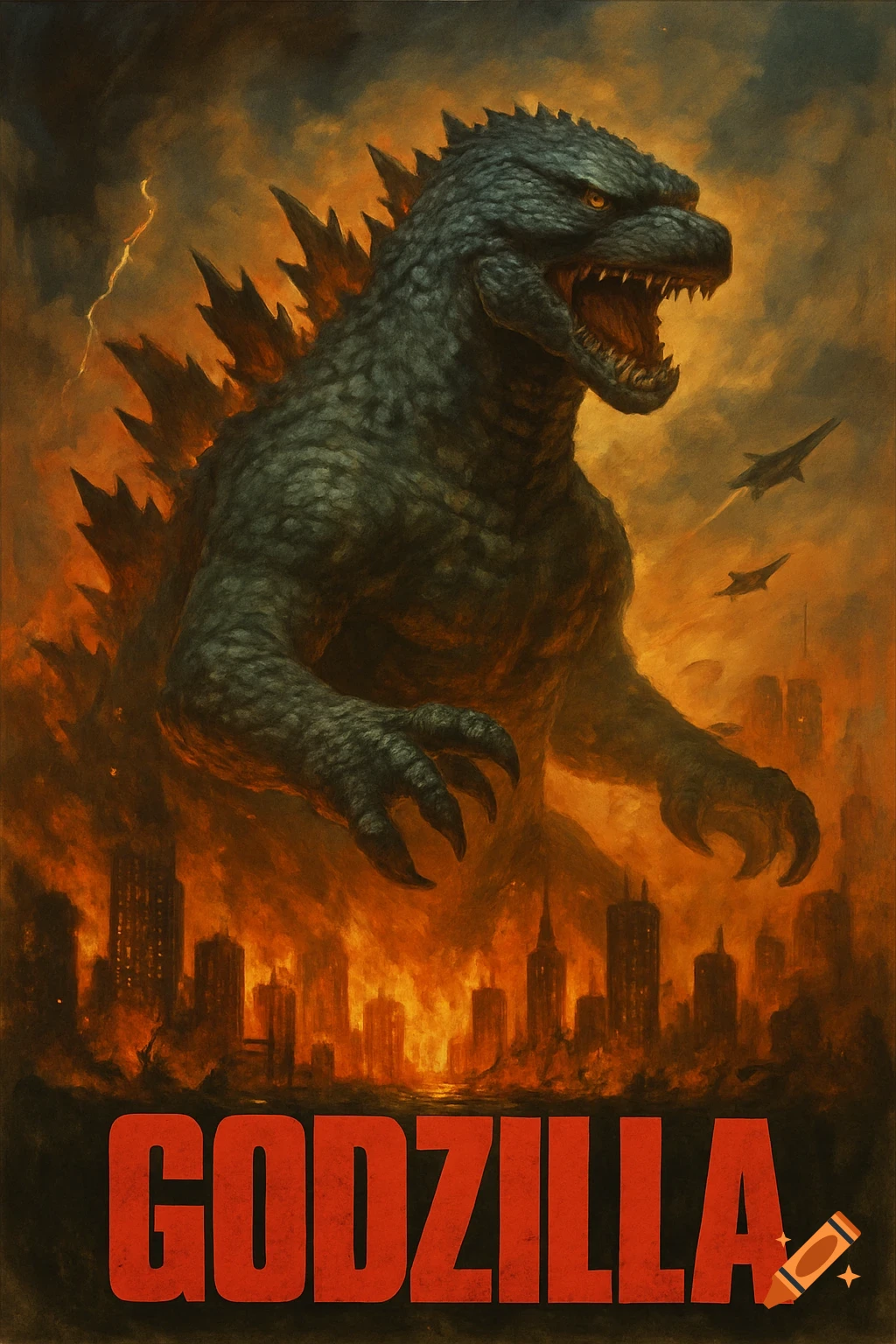 A stylized movie poster shows a colossal Godzilla roaring over a burning city with fighter jets and lightning.
