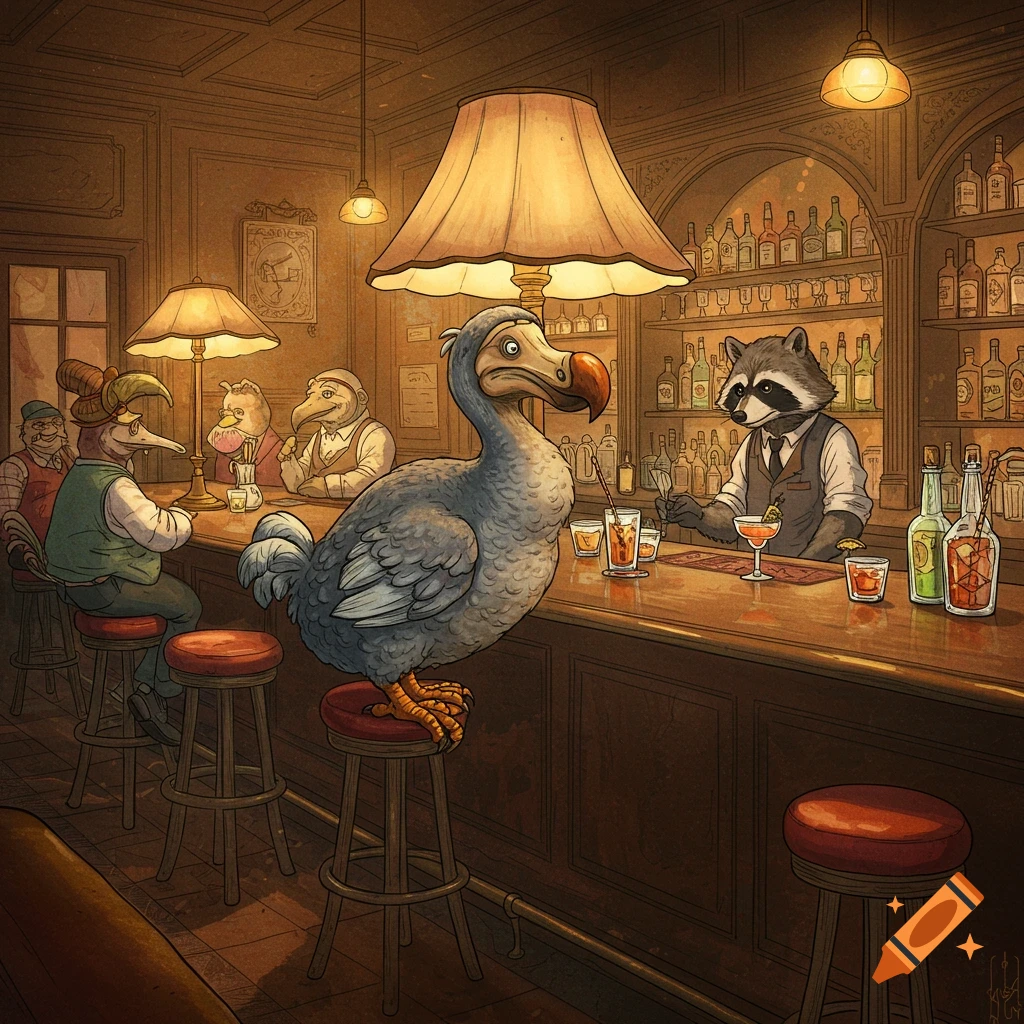 An anthropomorphic dodo sits on a bar stool, observing a raccoon bartender making drinks. Other animal patrons are in the background.