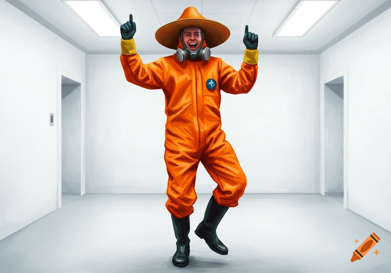 A person in an orange hazmat suit and wide-brimmed hat dances joyfully in a white corridor.