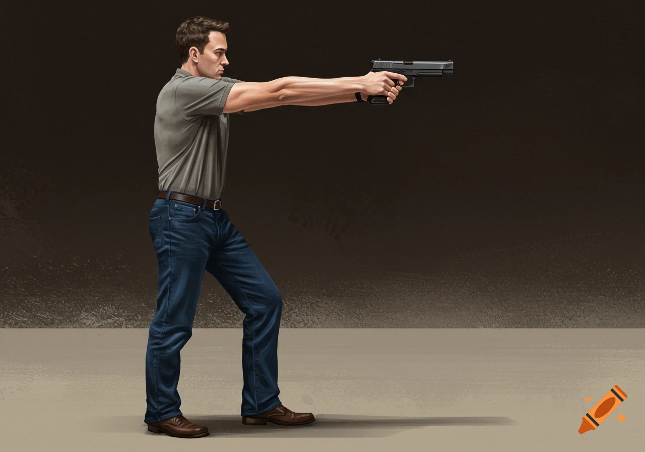 A man demonstrates a proper pistol shooting stance, holding a handgun with both hands in a studio setting.
