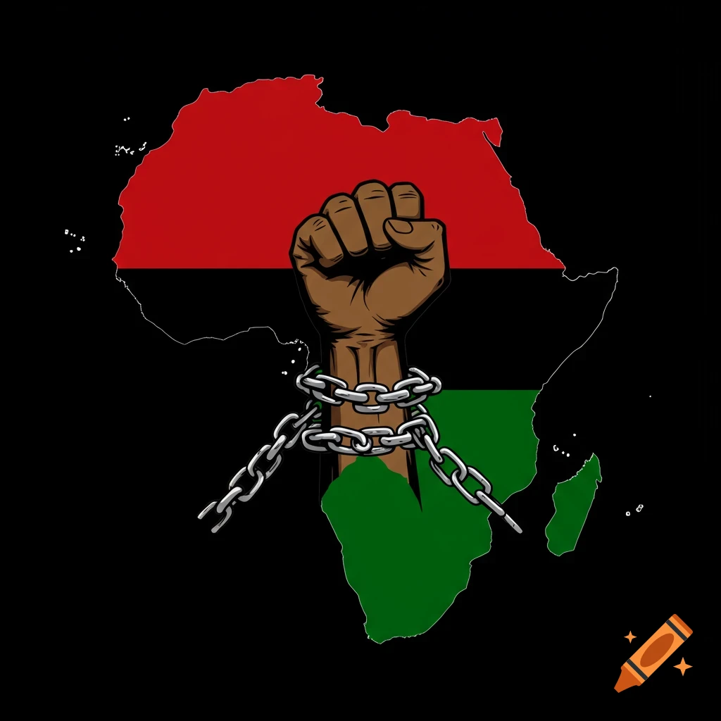 A brown clenched fist wrapped in chains against a red, black, and green map of Africa, illustrating Black Power.
