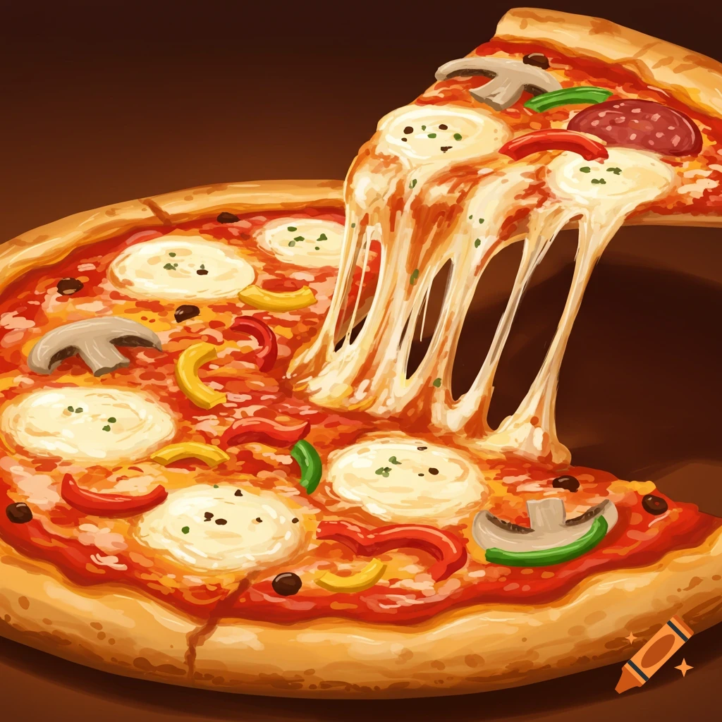 Vibrant illustration of a pizza, with a slice pulled showing stretching cheese, mozzarella, mushrooms, and colorful peppers.