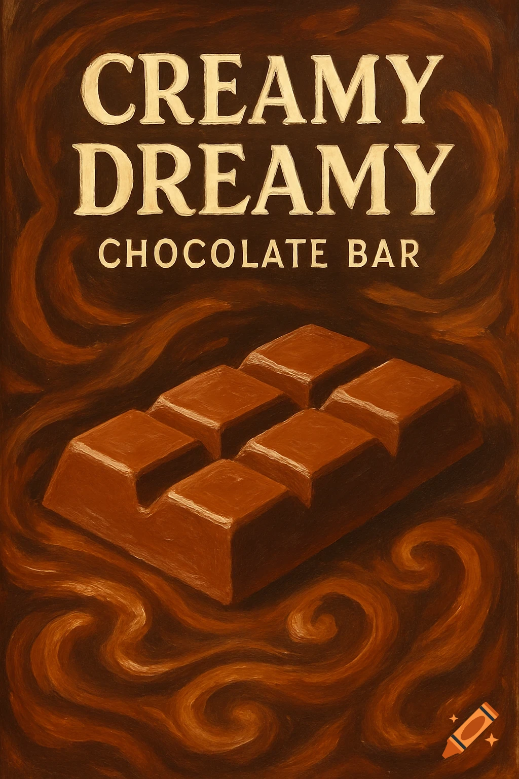 A vintage-style illustration of a chocolate bar on a dark brown background with swirling patterns, featuring the text 'CREAMY DREAMY CHOCOLATE BAR'.