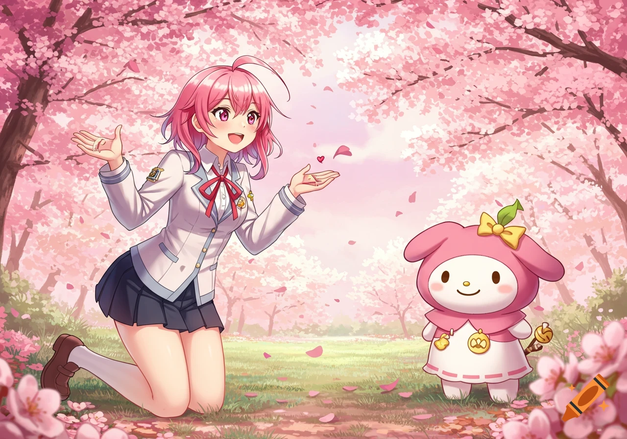 An anime girl in a school uniform kneels in a field of pink cherry blossoms, looking at a pink My Melody character.