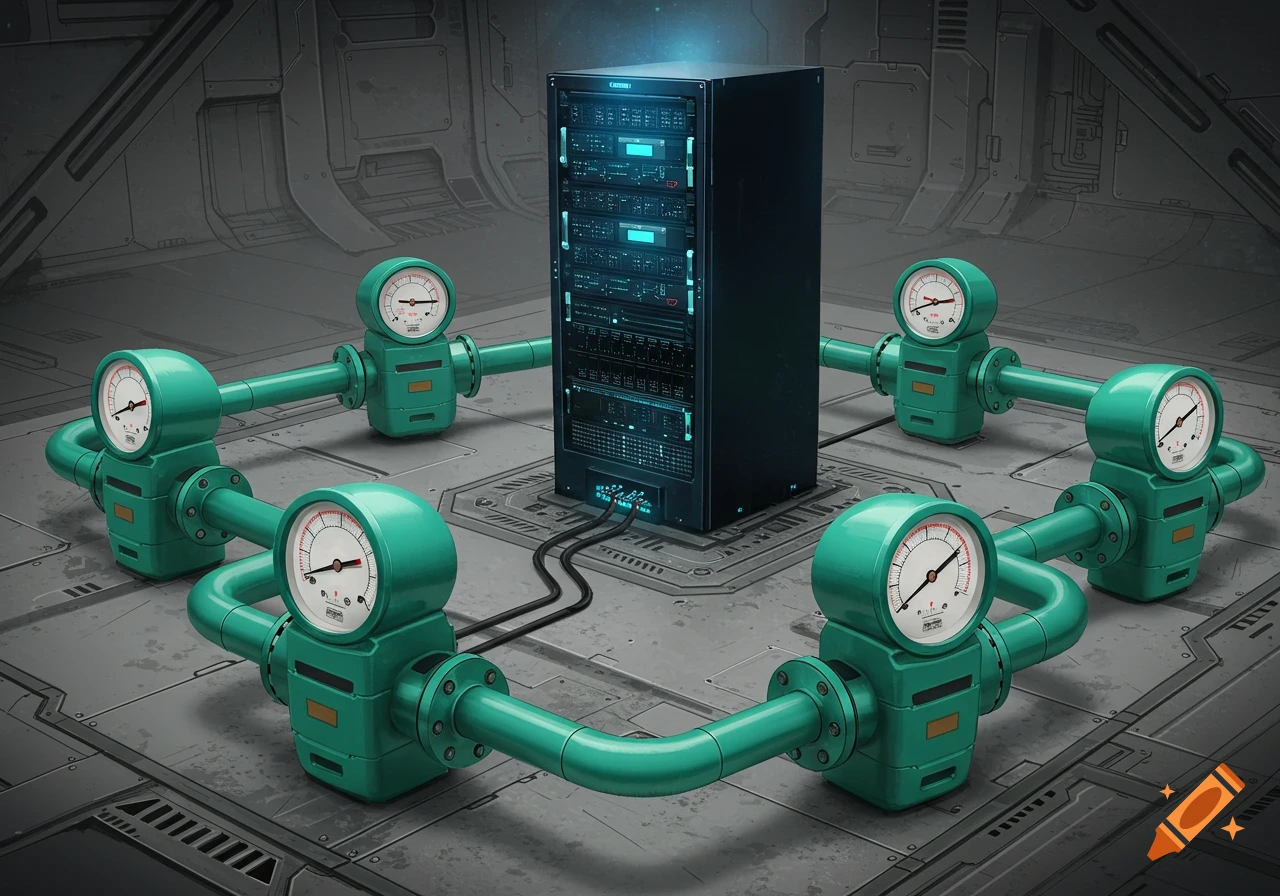A central server connected to five green gas flow meters via pipes in a futuristic industrial room.