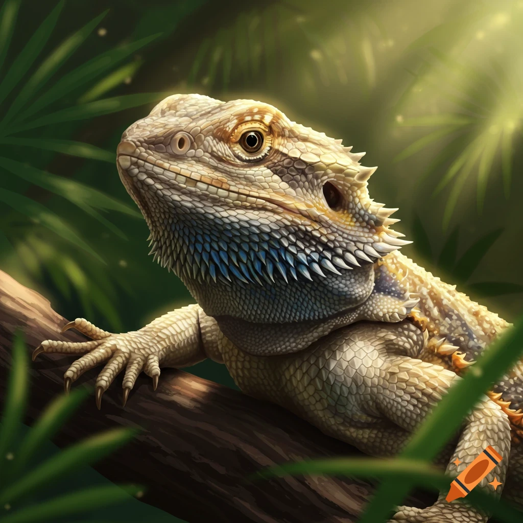 A close-up of a bearded dragon perched on a tree branch, surrounded by green leaves and bathed in soft sunlight.