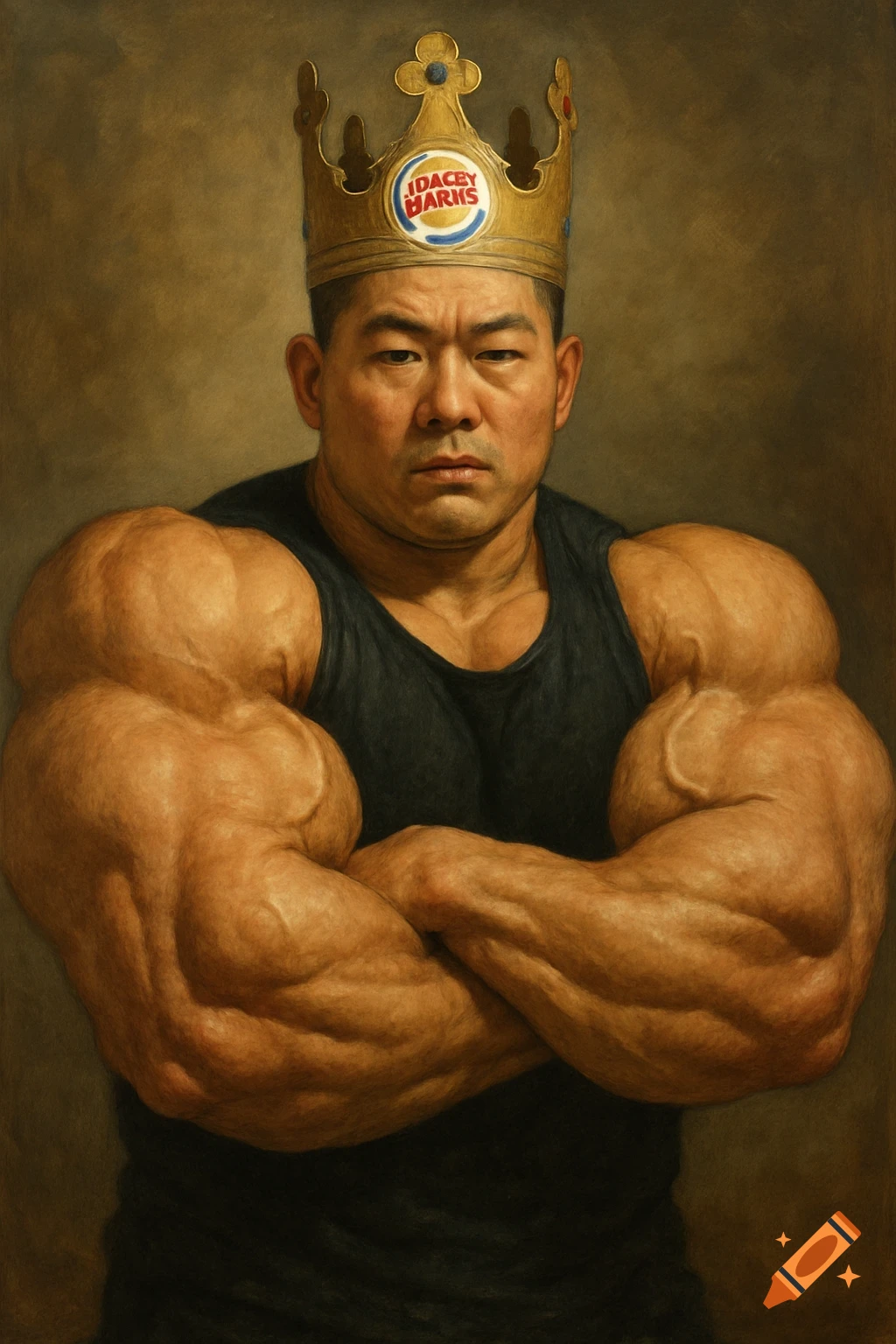 Muscular Asian man in a black tank top with absurdly large biceps and triceps, wearing a golden crown, in a painted style.