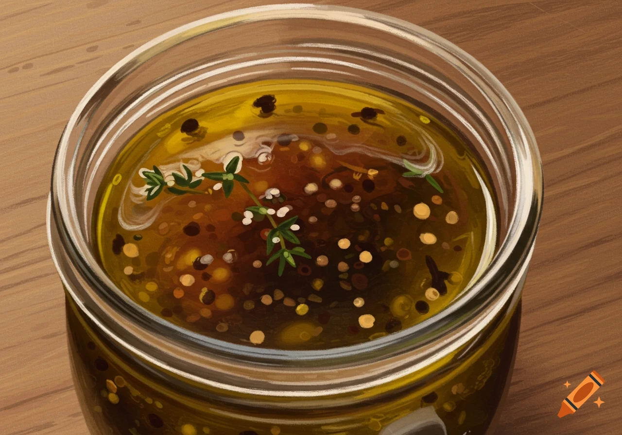 Close-up, top-down view of a glass jar filled with yellow-brown dressing, herbs, and spices on a wooden surface in a painterly style.