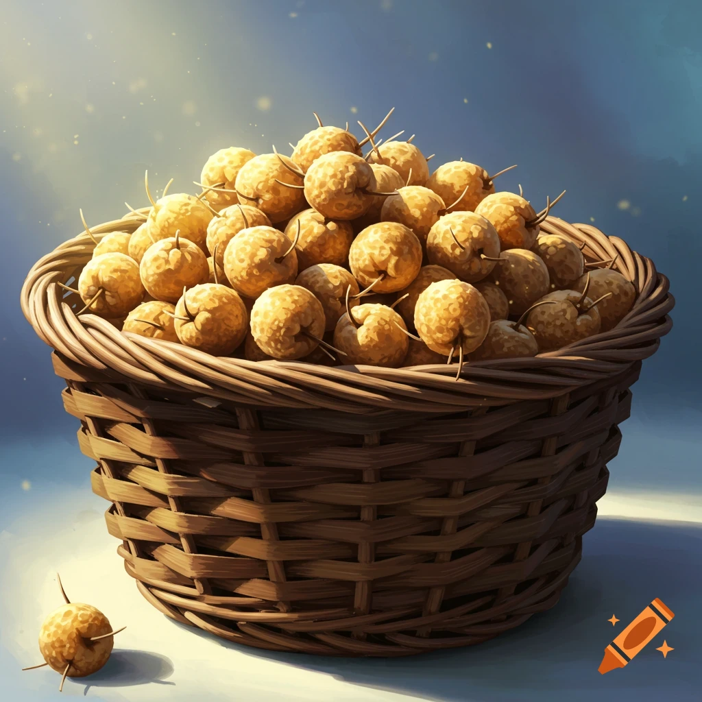 A wicker basket overflowing with golden, round fruit-like objects, with one on the side, under bright light.