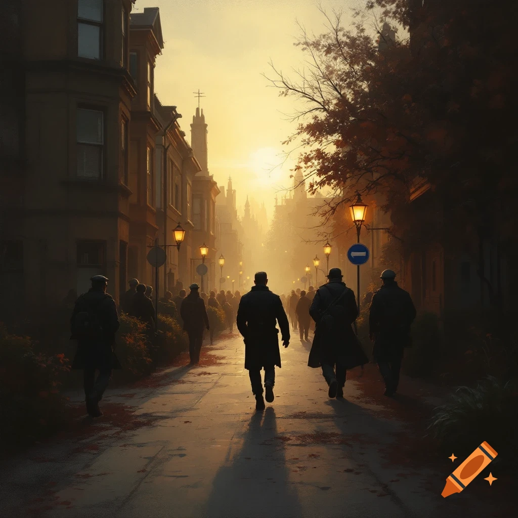 People walk along a city street at sunset, past old buildings and glowing streetlights, with autumn trees lining the path.