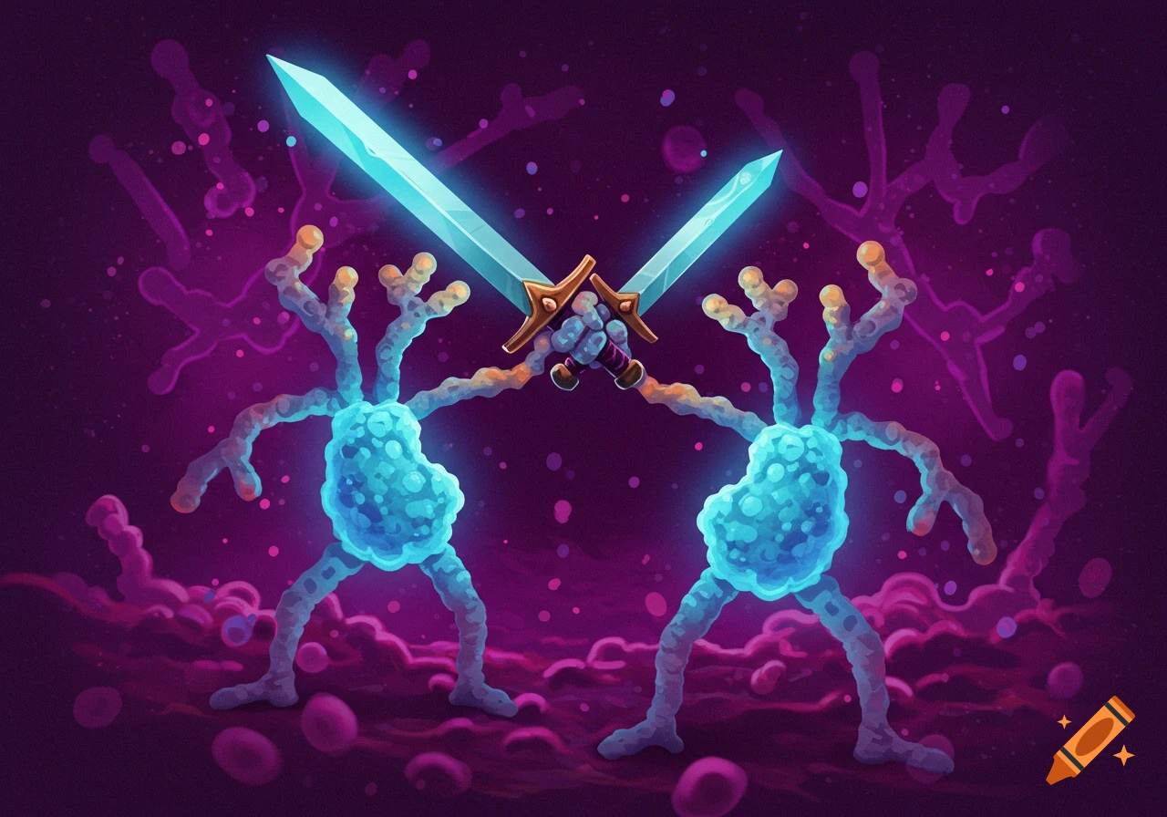 Two glowing blue antibody-like creatures fight with swords in a vibrant purple microscopic world.