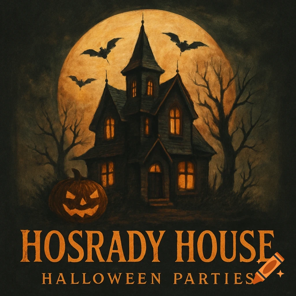 A spooky haunted house with glowing windows against a large full moon, surrounded by bare trees and flying bats. A carved jack-o'-lantern sits in the foreground. Text reads "HOSRADY HOUSE HALLOWEEN PARTIES".