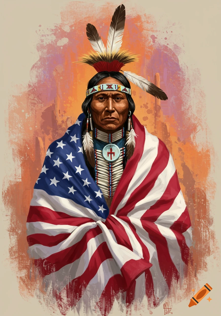 Portrait of a Native American man with a feathered headdress, wrapped in an American flag, in a painterly style.