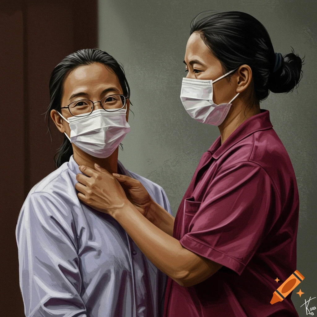 Digital painting of two people in medical masks; one adjusts the other's collar.