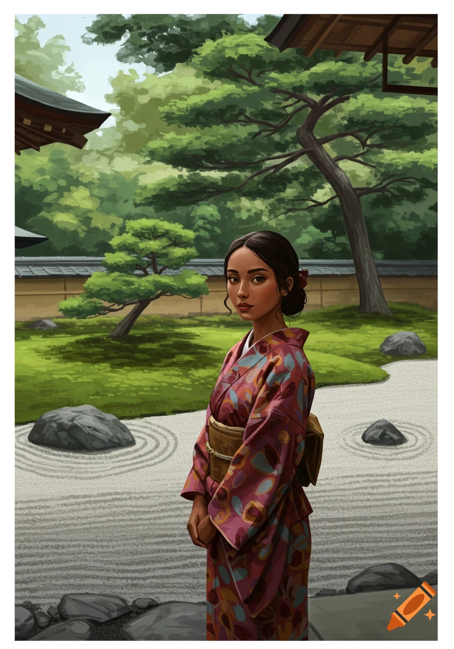 A digital painting of a young woman in a colorful kimono standing gracefully in a traditional Japanese Zen garden with raked gravel and trees.