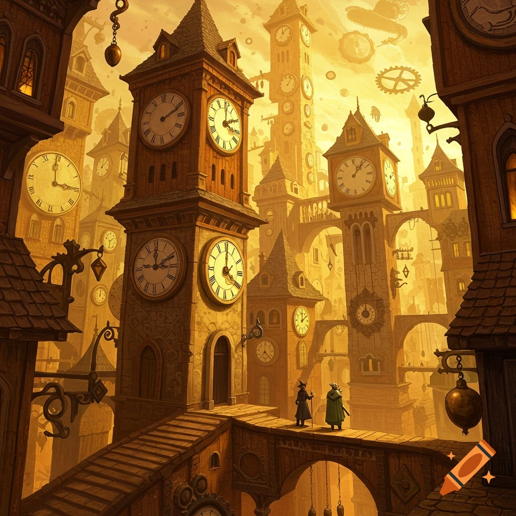A sprawling fantasy city made of towering clock towers and connecting bridges, illuminated by a warm, golden sky, with two small figures walking on a bridge.