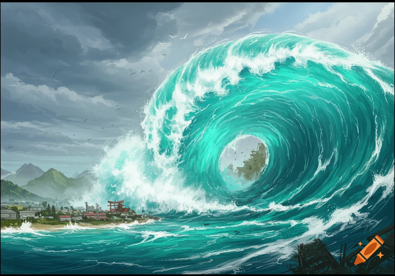 A massive turquoise tsunami wave curls over a coastal town with a red Torii gate, under a cloudy sky. Illustration.