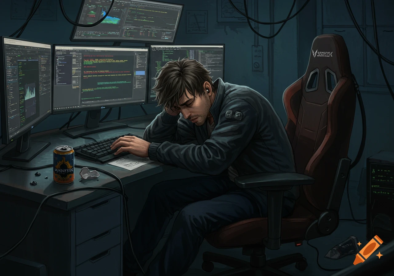 A frustrated man with dark hair slumps over a keyboard at a desk, surrounded by multiple computer monitors displaying code and graphs in a dimly lit room.