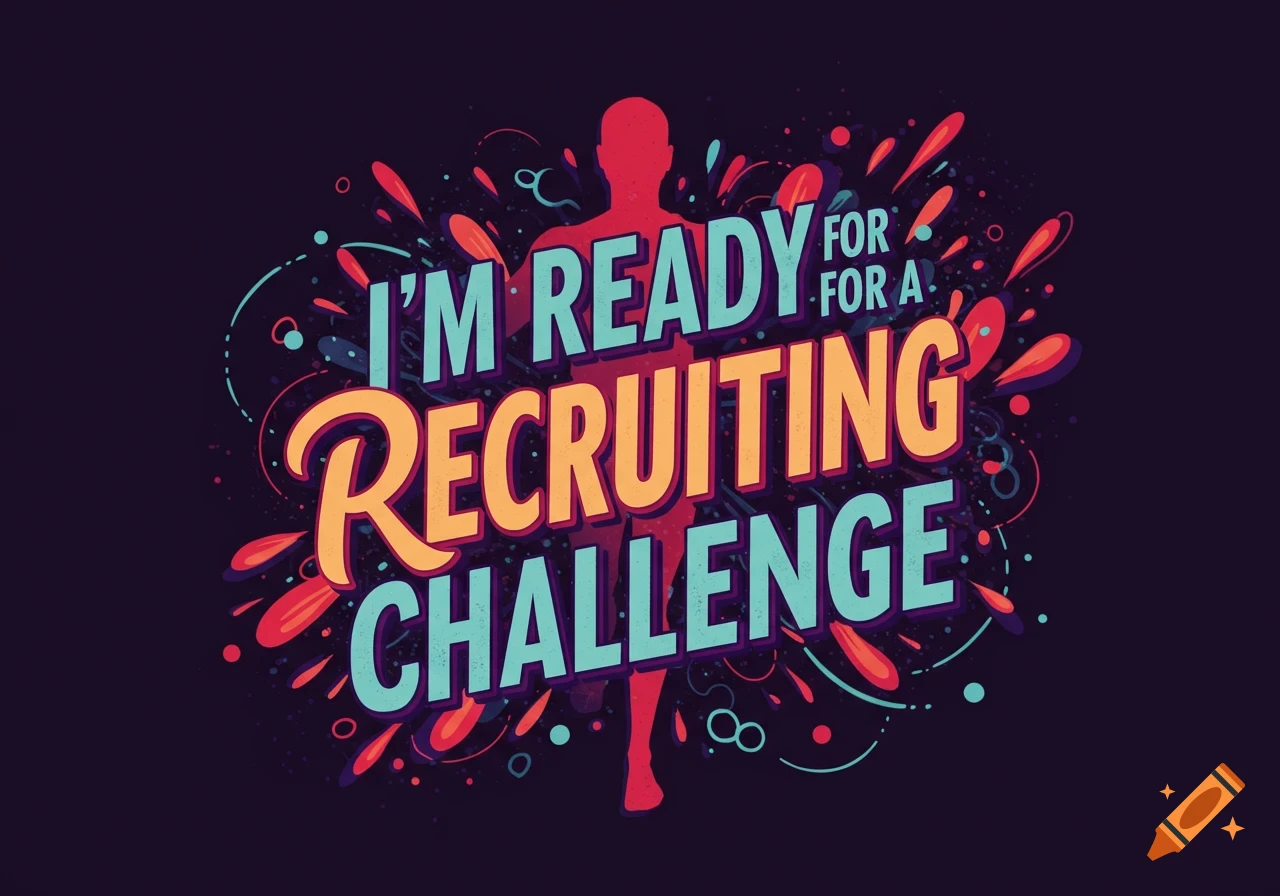 Graphic design with colorful text 'I'M READY FOR A RECRUITING CHALLENGE' over a person's silhouette.
