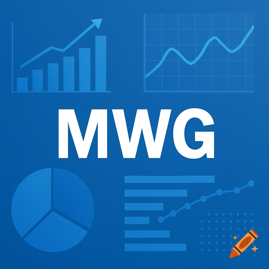 White letters MWG on a blue background with various statistical charts and graphs including bar, line, and pie charts.