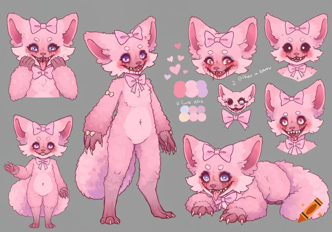 A pink furry character reference sheet showing a creature with a bow, sharp teeth, and stylized blood around its mouth in various poses.