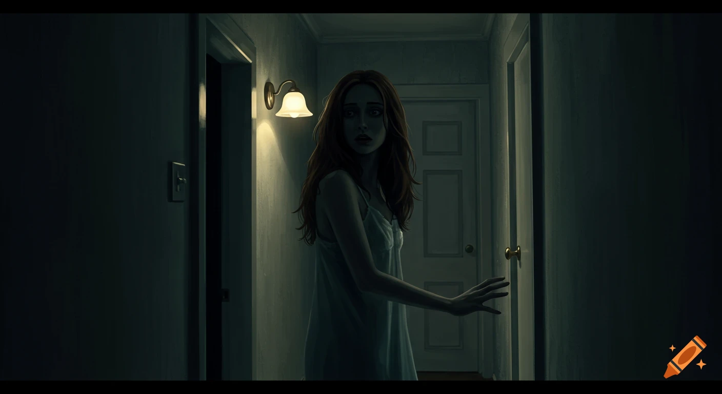 A woman in a white nightgown looks scared in a dimly lit hallway with a wall light on, creating a suspenseful atmosphere.