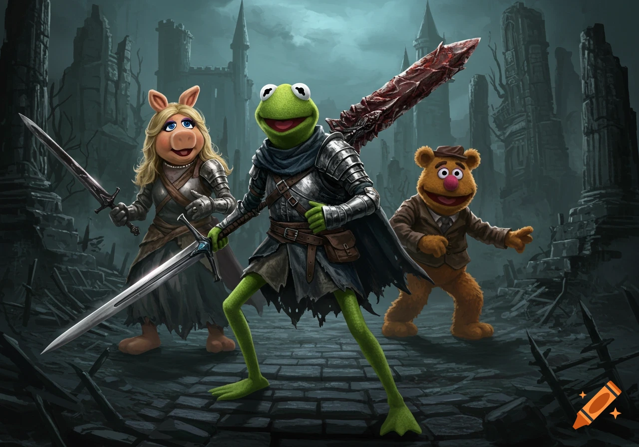 Kermit, Miss Piggy, and Fozzie Bear as knights in a dark, ruined castle, holding swords.