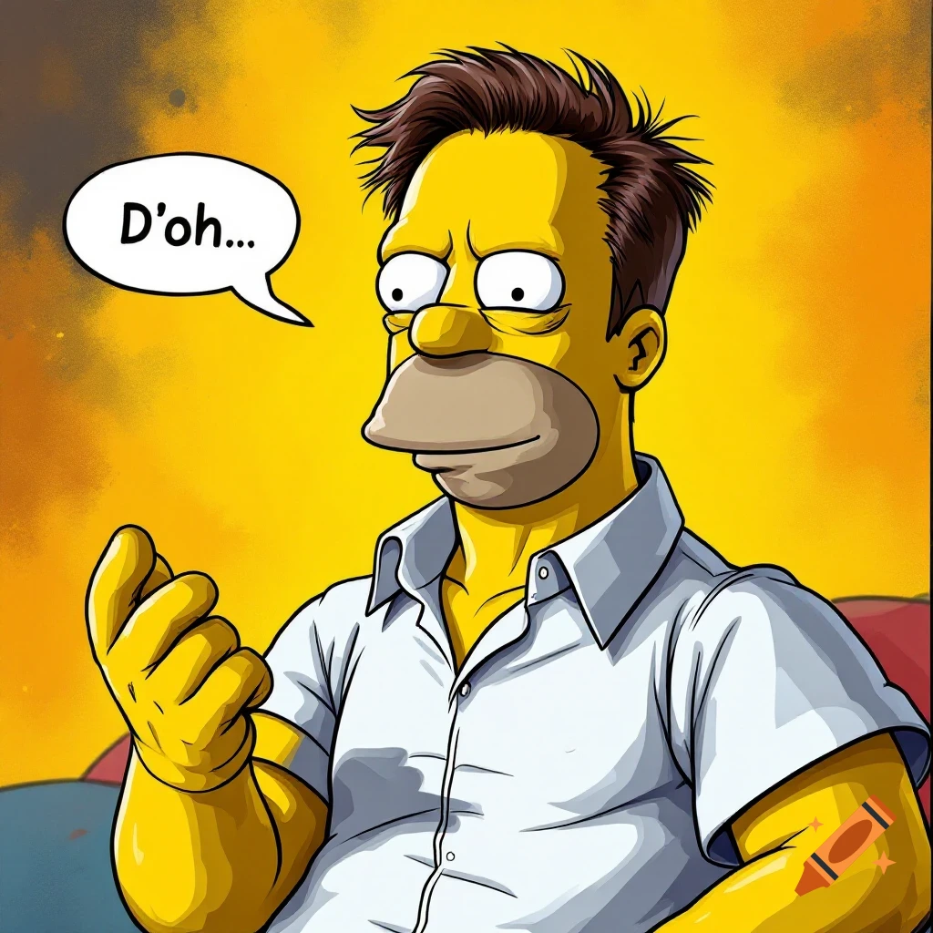 A cartoon character, a fusion of Homer Simpson and Elon Musk, says 'D'oh...' in a speech bubble.