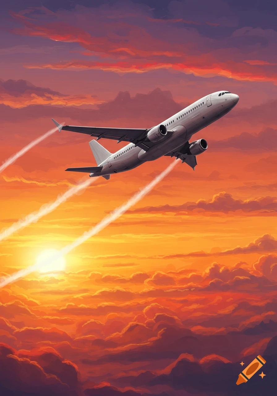 A white airplane flies through a vibrant orange and purple sunset sky with clouds.
