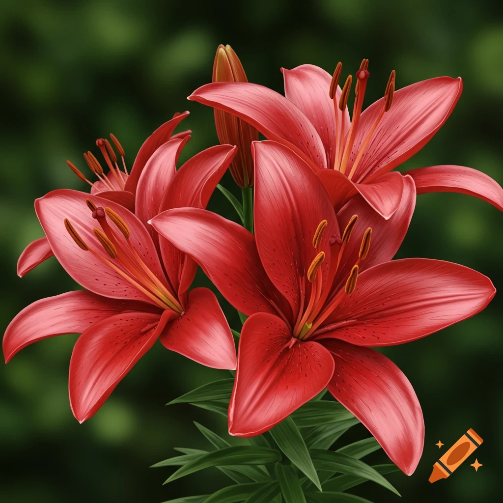Close-up illustration of vibrant red lilies with green leaves against a dark, blurred background.