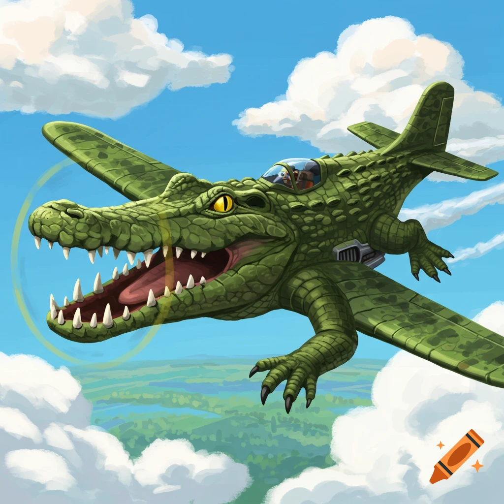 A green crocodile-shaped airplane with large wings and propeller flies through a bright blue sky with white clouds, above a green landscape.