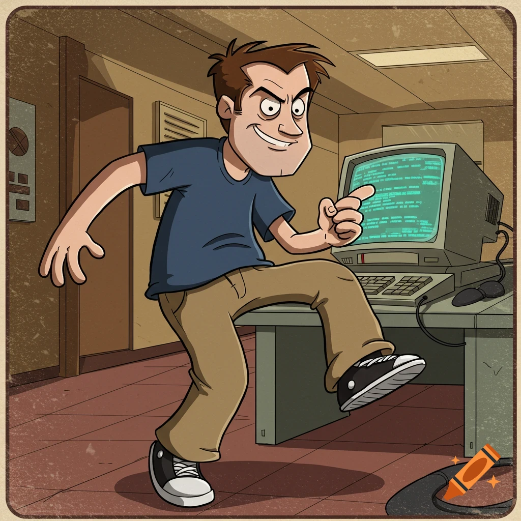 A mischievous cartoon man in a blue shirt and khakis points at a computer monitor in an office, in the style of Strong Bad.