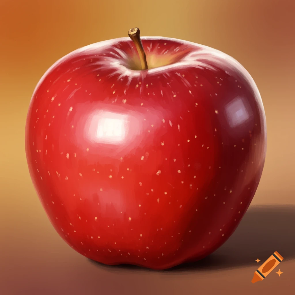 A vibrant red apple with a short brown stem sits against a warm, gradient background in a digital painting.