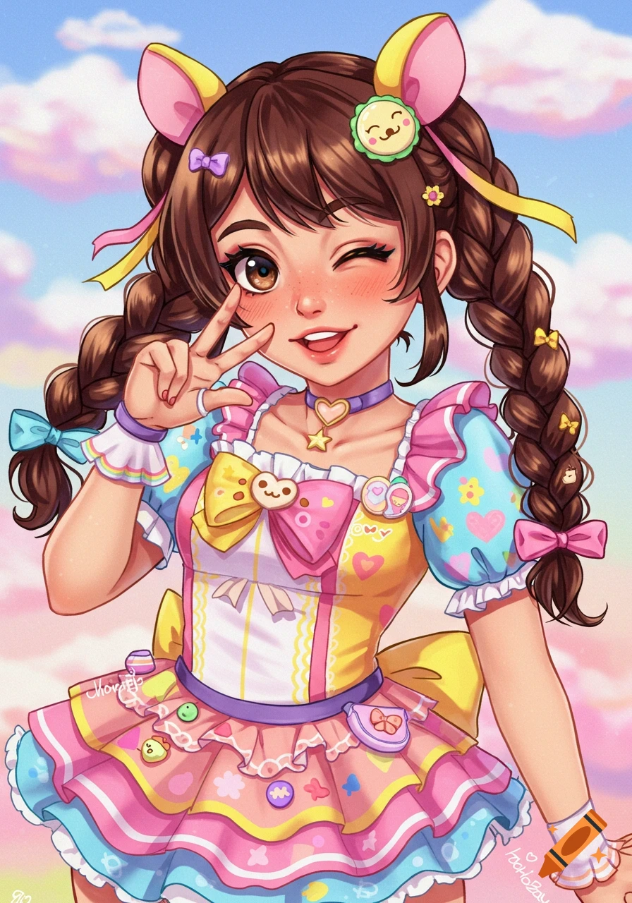 A cute anime-style girl with brown pigtails, wearing a colorful pastel outfit and animal ears, winks and makes a peace sign.