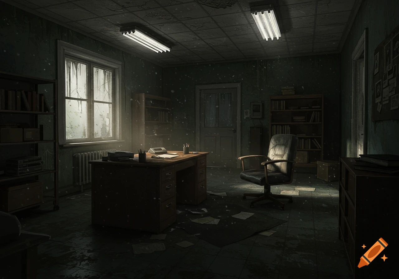 A dark, dusty, abandoned therapist's office with an old desk, chair, bookshelves, and peeling walls, with light from a window and fluorescent lamps.