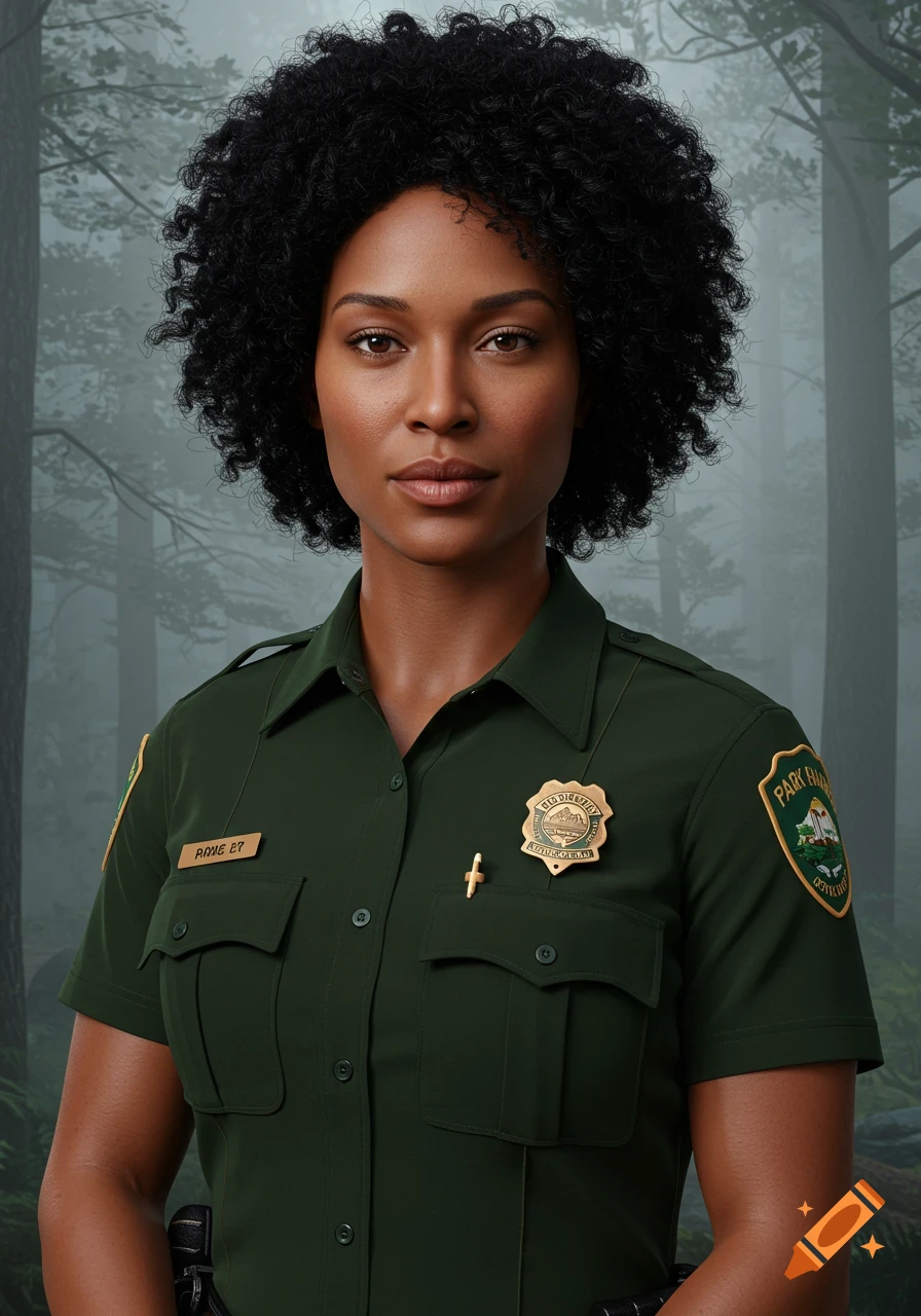 A realistic portrait of a Black woman with short curly hair in a dark green park ranger uniform, standing in a misty forest.