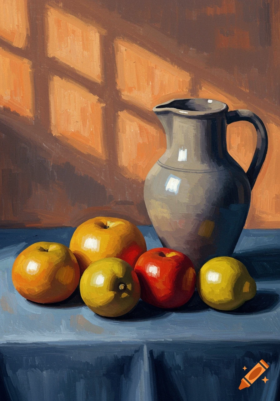 A still life painting in the style of Cezanne, featuring a grey pitcher and five apples on a blue tablecloth, with window shadows on an orange wall.